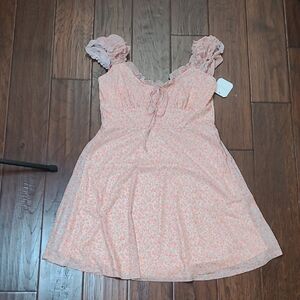 NWT Dee Elly Peach Floral Dress with Sheer Shoulder Straps & Smocked Back size L